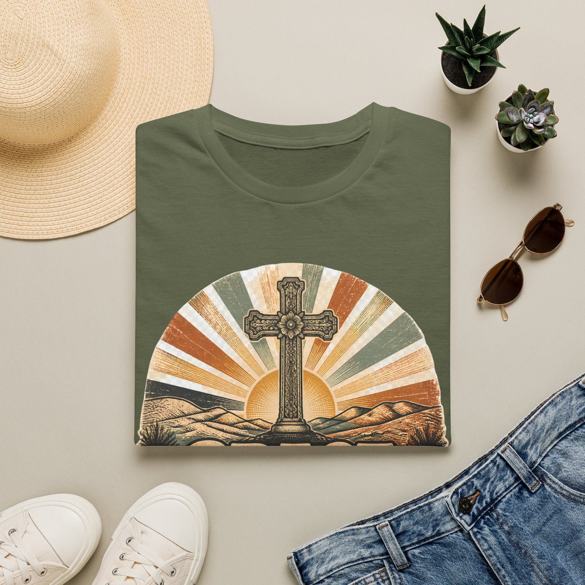 Christian T-Shirt — "Grace Never Quits" Retro Cross Sunrise Tee