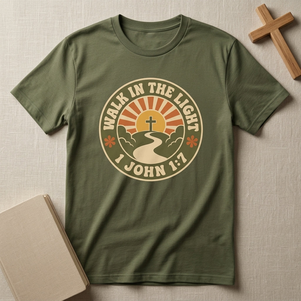 Walk in the Light T-Shirt — Christian Sunrise Design (1 John 1:7)