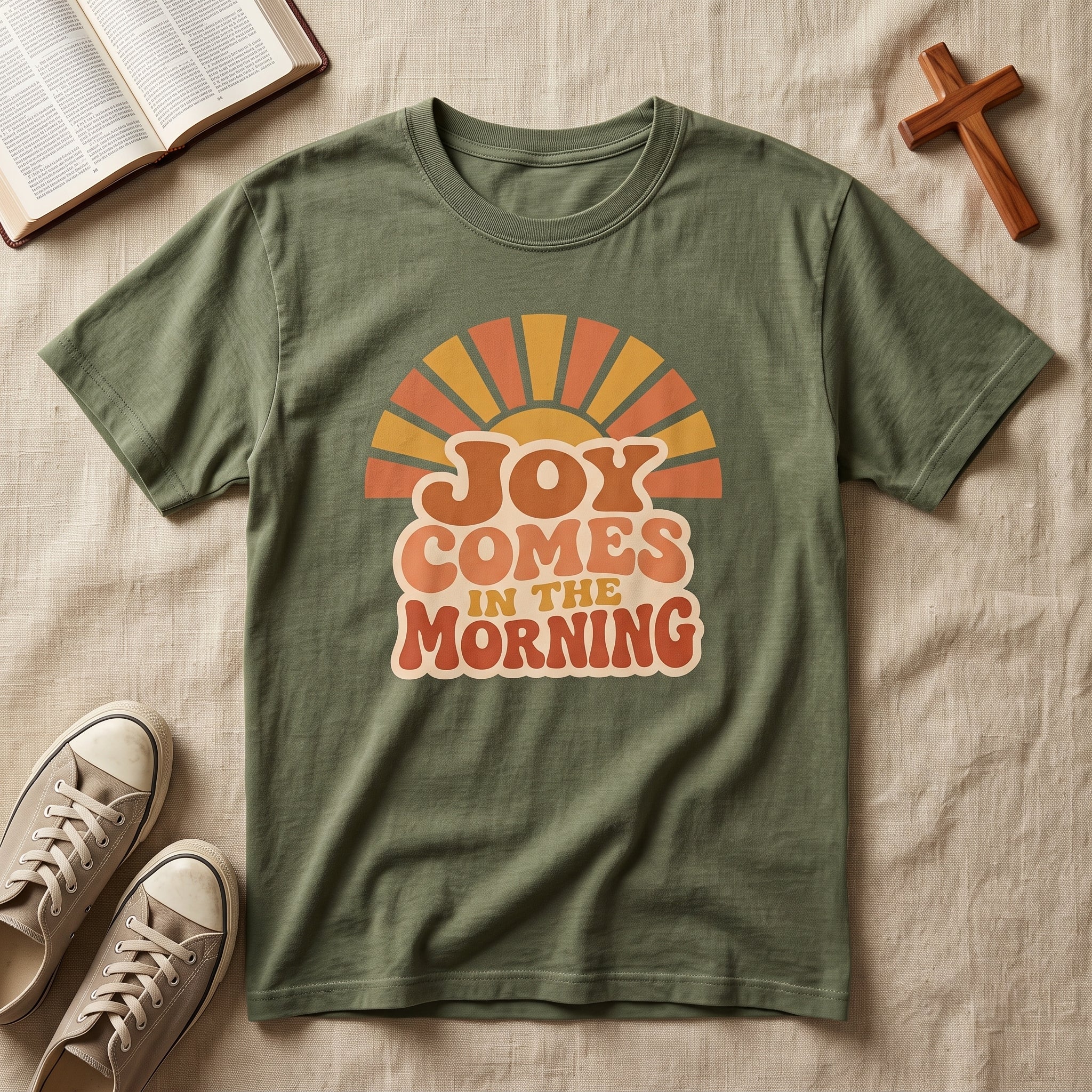 Joy Comes in the Morning T-Shirt — Retro Sunrise Graphic Tee