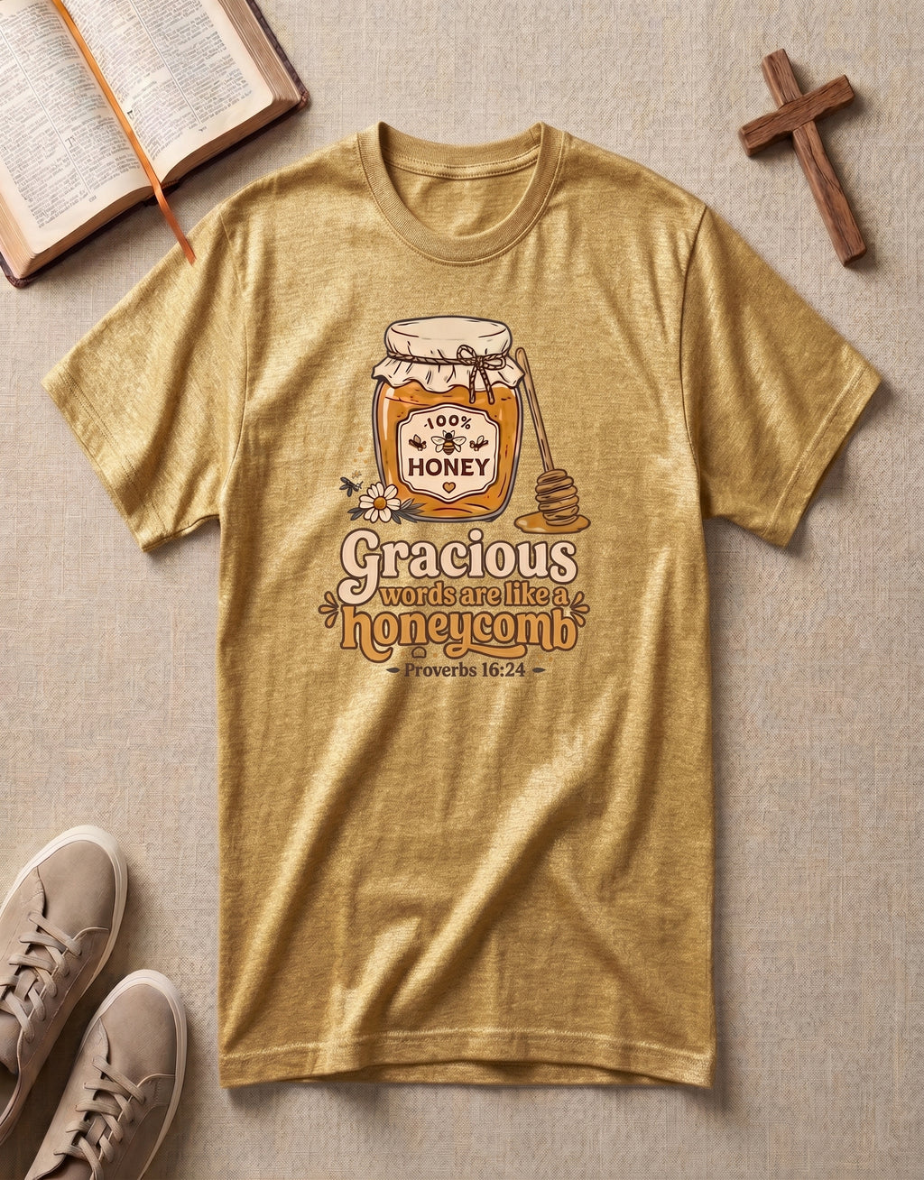 Honey Jar T-Shirt — "Gracious words are like a honeycomb" Cozy Floral Tee