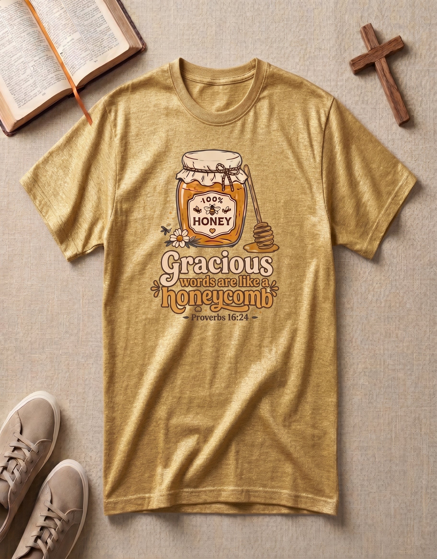 Honey Jar T-Shirt — "Gracious words are like a honeycomb" Cozy Floral Tee