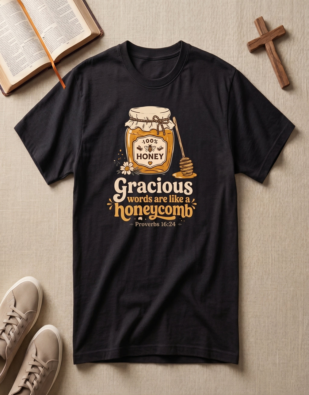 Honey Jar T-Shirt — "Gracious words are like a honeycomb" Cozy Floral Tee