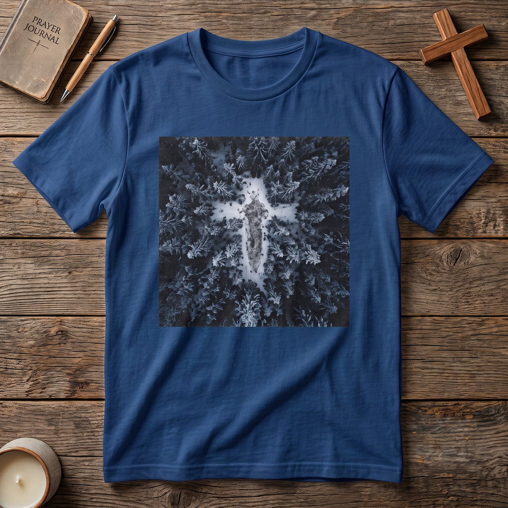 Cross in Snow Aerial Print T-Shirt — Minimalist Winter Graphic Tee