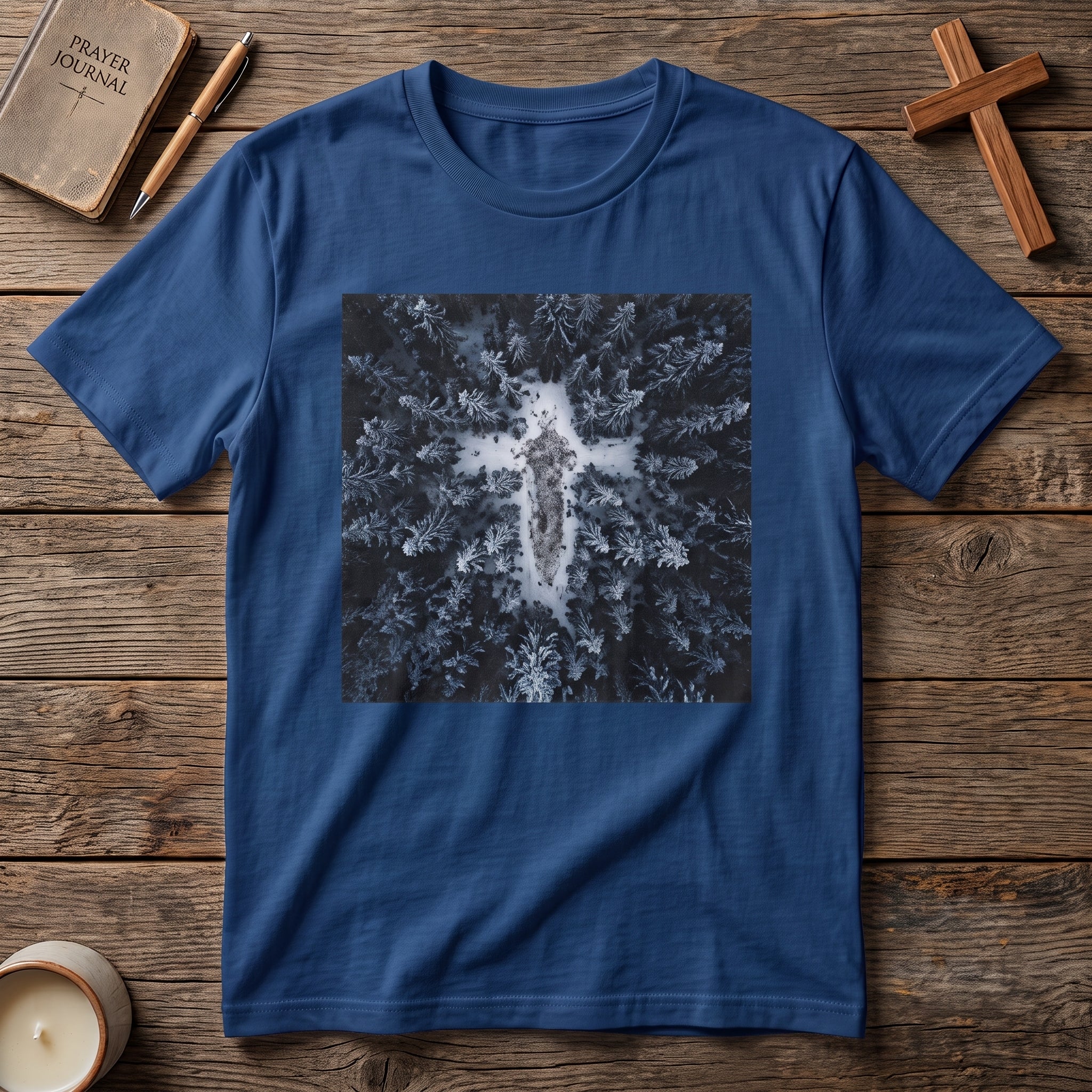 Cross in Snow Aerial Print T-Shirt — Minimalist Winter Graphic Tee