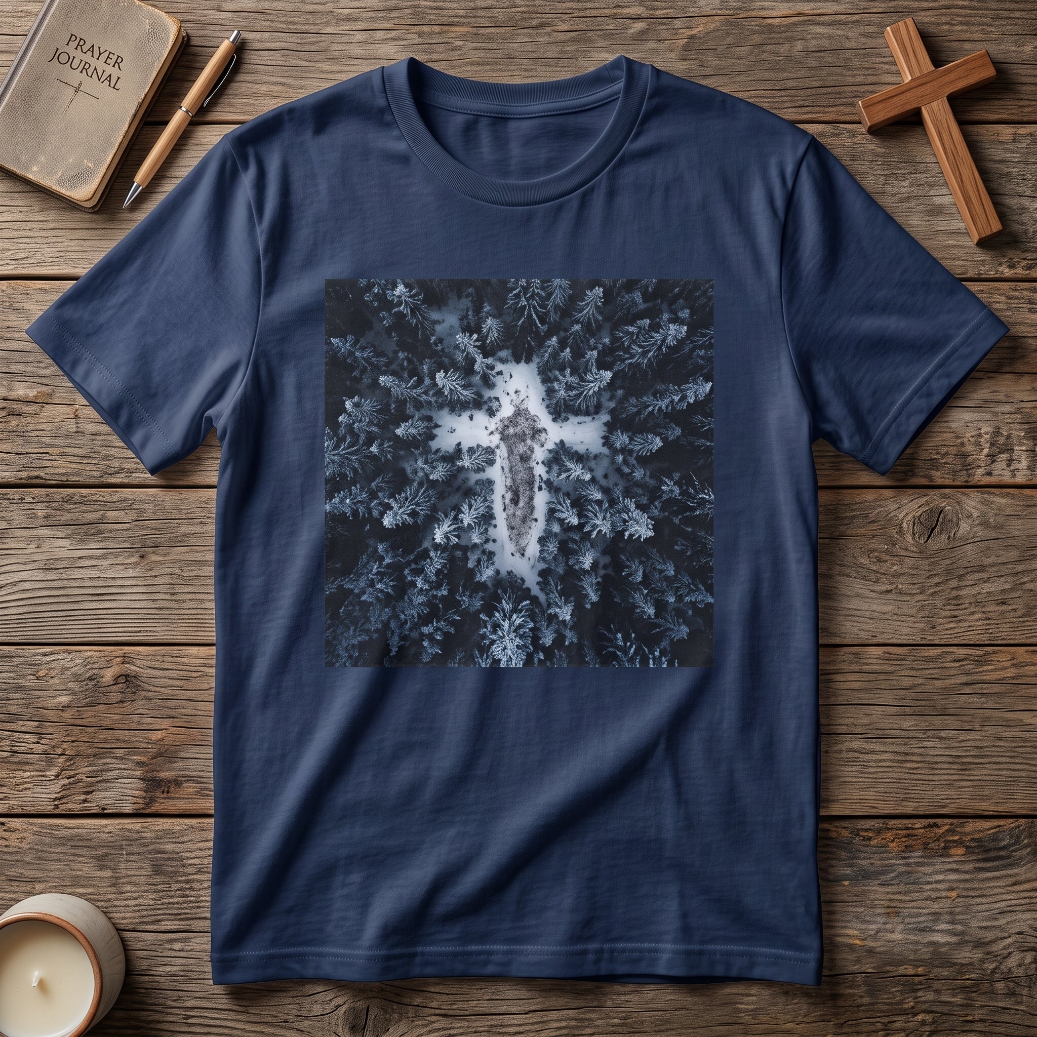 Cross in Snow Aerial Print T-Shirt — Minimalist Winter Graphic Tee