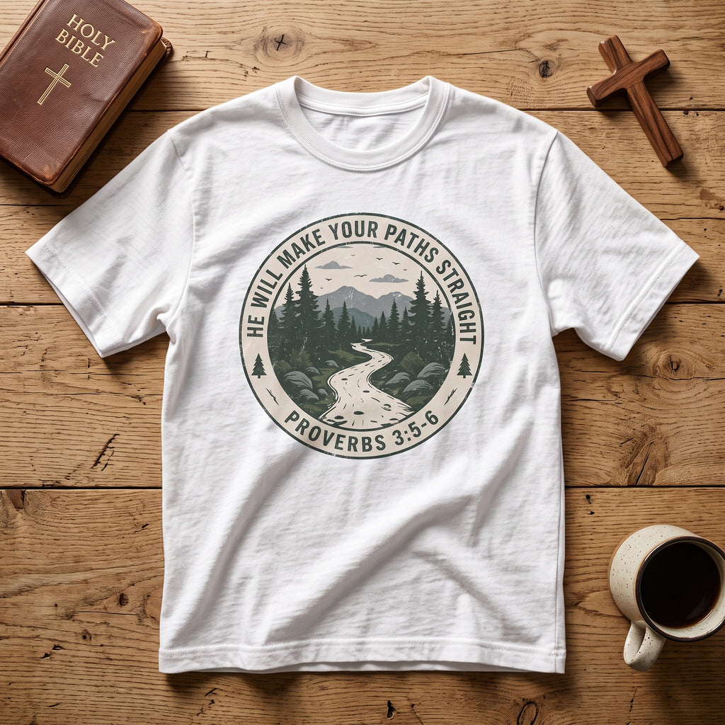 T-Shirt — 'He Will Make Your Paths Straight' Proverbs 3:5-6 Christian Nature Tee