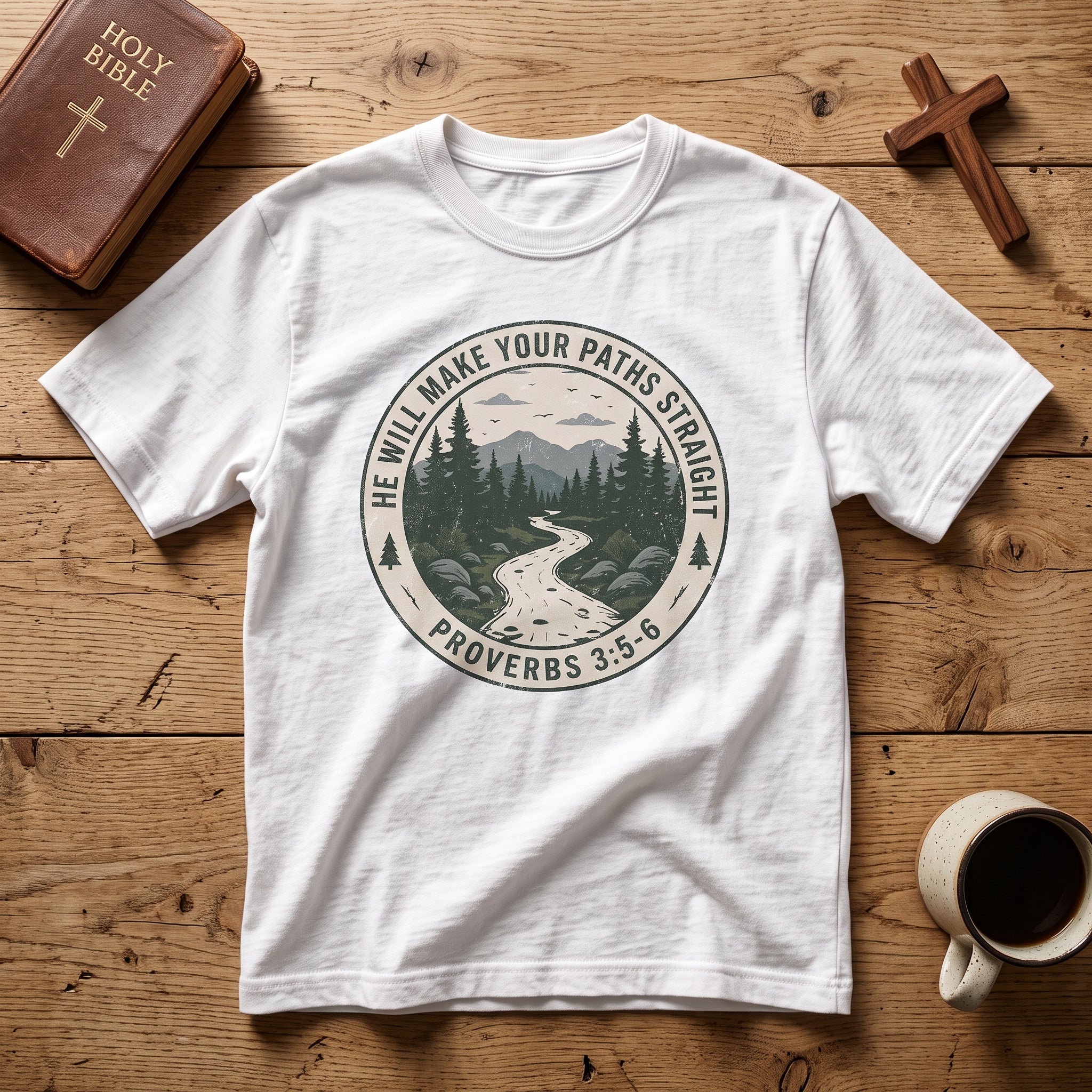 T-Shirt — 'He Will Make Your Paths Straight' Proverbs 3:5-6 Christian Nature Tee