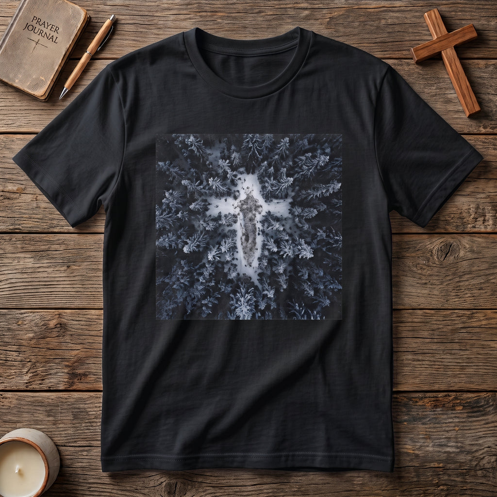 Cross in Snow Aerial Print T-Shirt — Minimalist Winter Graphic Tee