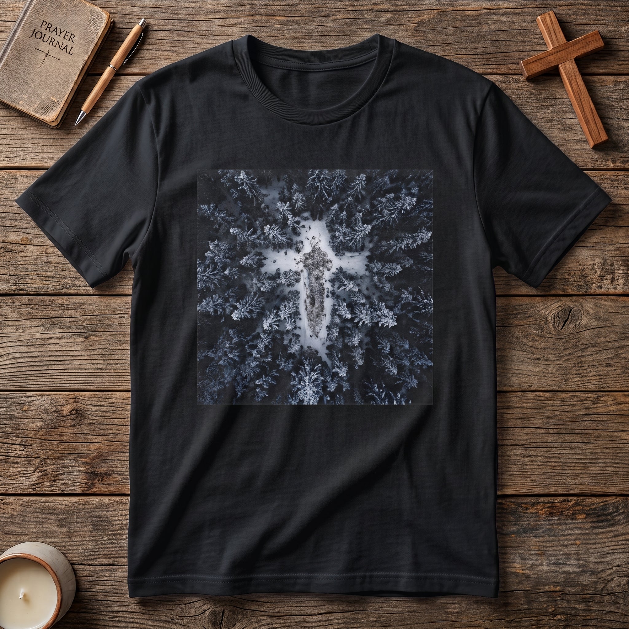 Cross in Snow Aerial Print T-Shirt — Minimalist Winter Graphic Tee