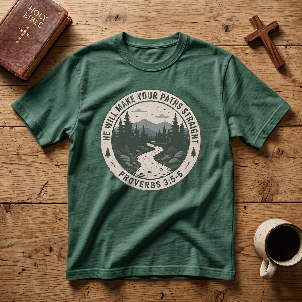 T-Shirt — 'He Will Make Your Paths Straight' Proverbs 3:5-6 Christian Nature Tee