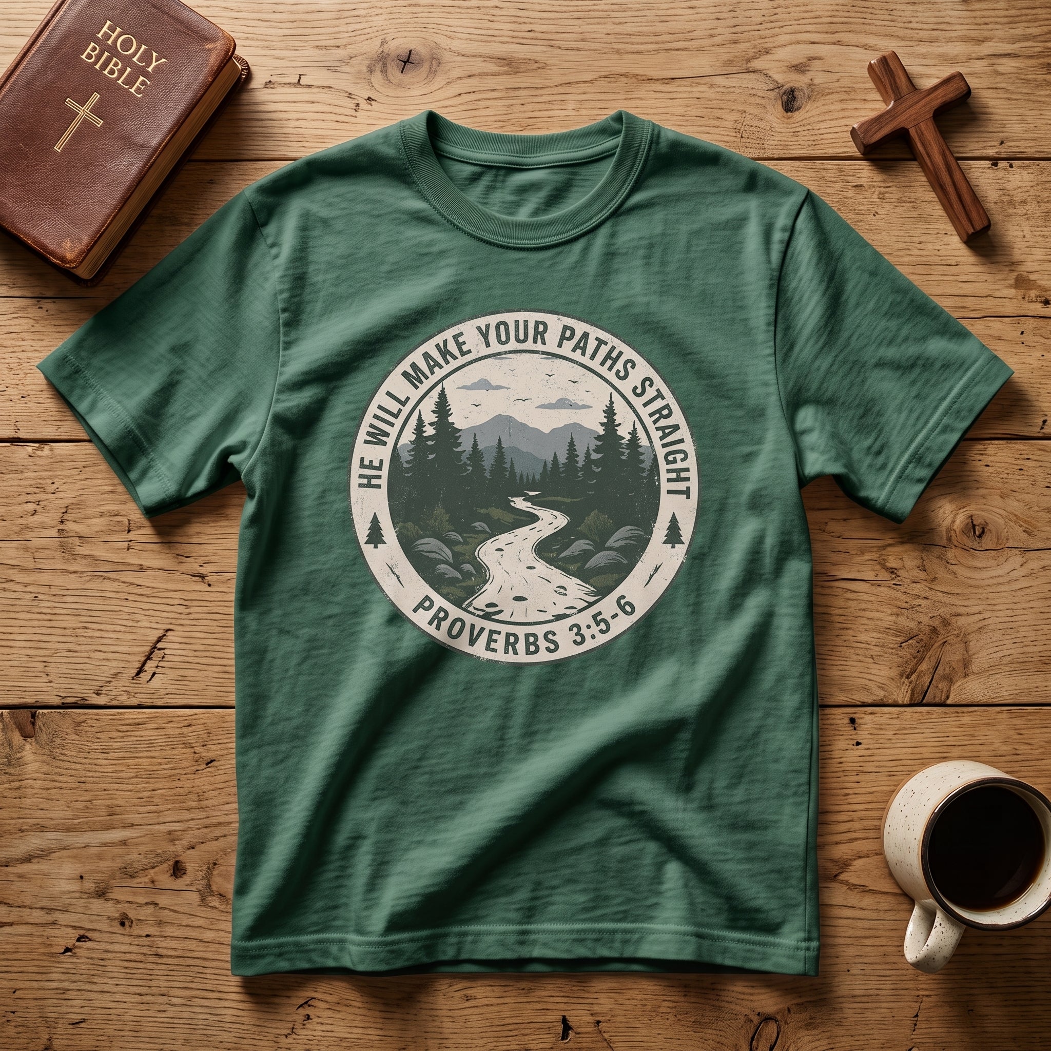 T-Shirt — 'He Will Make Your Paths Straight' Proverbs 3:5-6 Christian Nature Tee