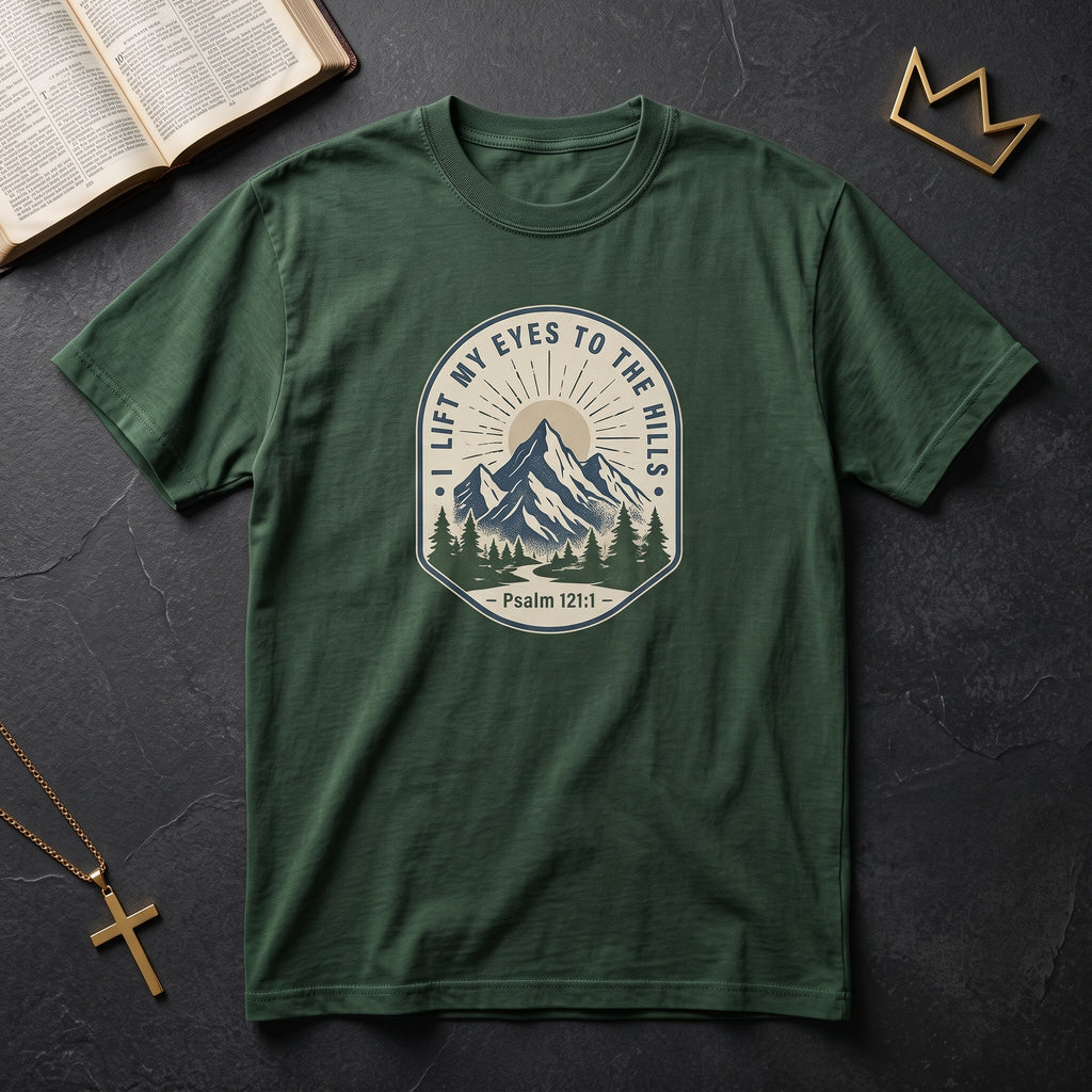 T-Shirt — "I Lift My Eyes to the Hills" Psalm 121 Mountain Graphic Tee