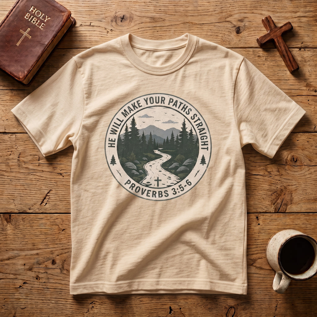 T-Shirt — 'He Will Make Your Paths Straight' Proverbs 3:5-6 Christian Nature Tee
