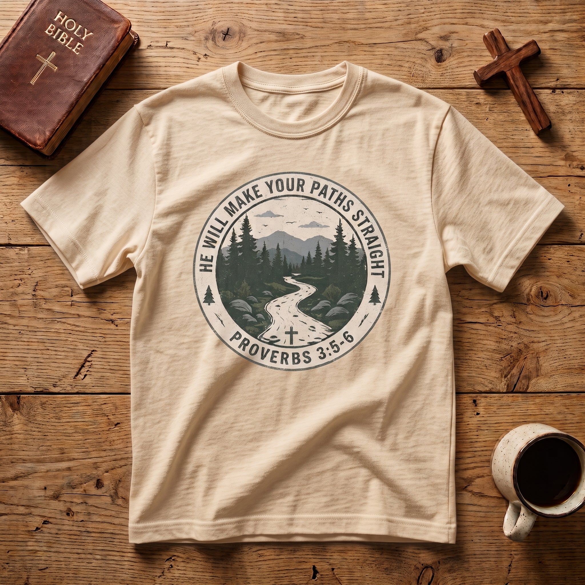 T-Shirt — 'He Will Make Your Paths Straight' Proverbs 3:5-6 Christian Nature Tee