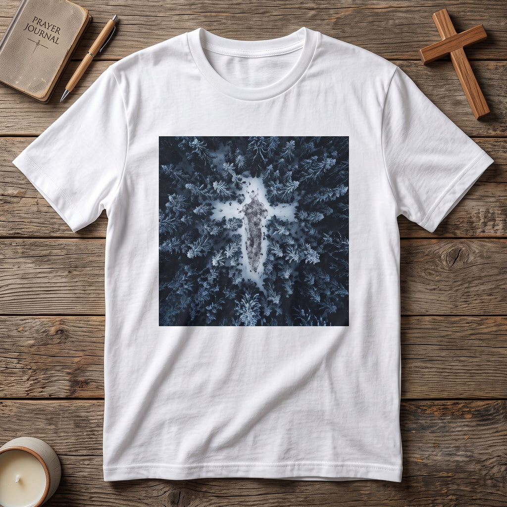 Cross in Snow Aerial Print T-Shirt — Minimalist Winter Graphic Tee