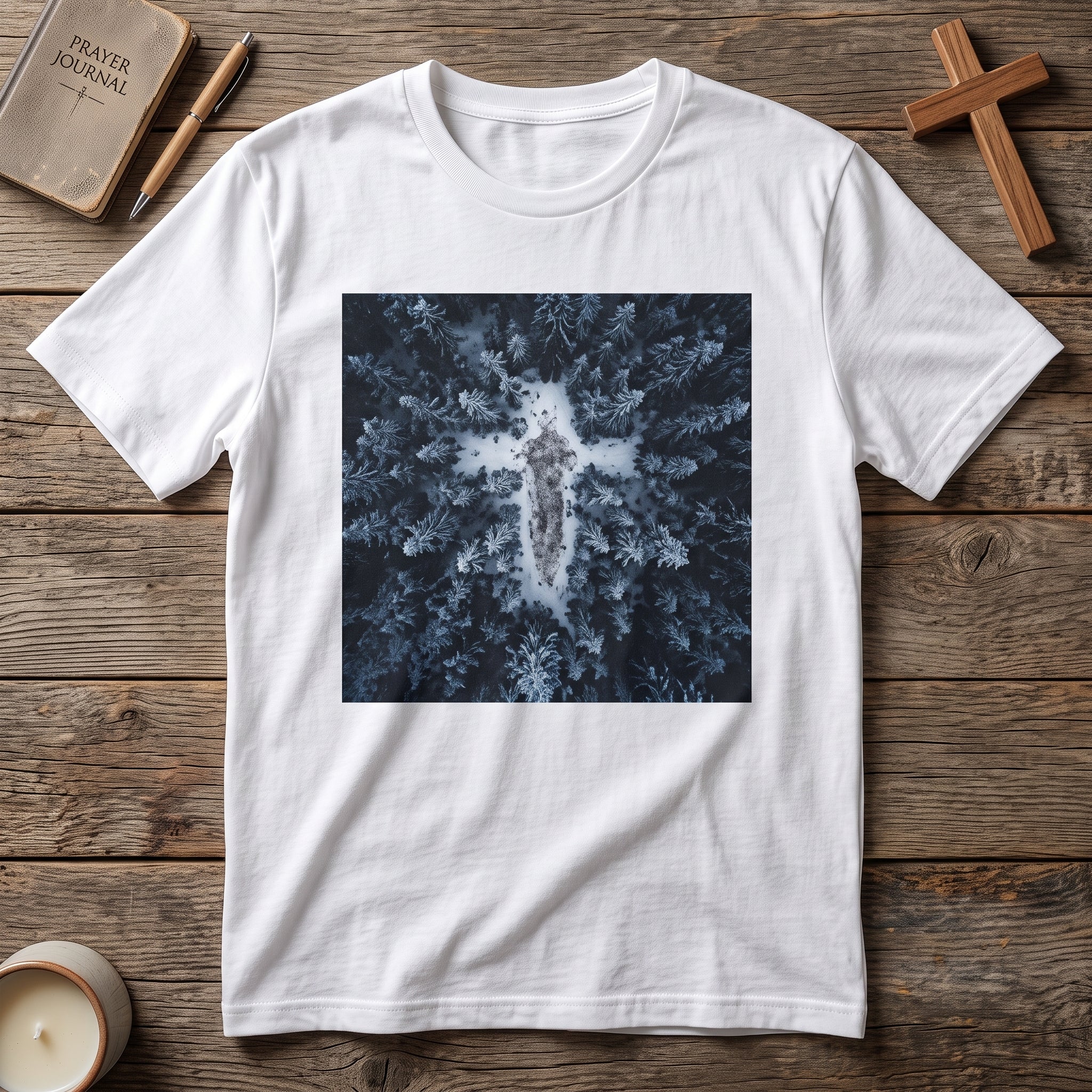 Cross in Snow Aerial Print T-Shirt — Minimalist Winter Graphic Tee