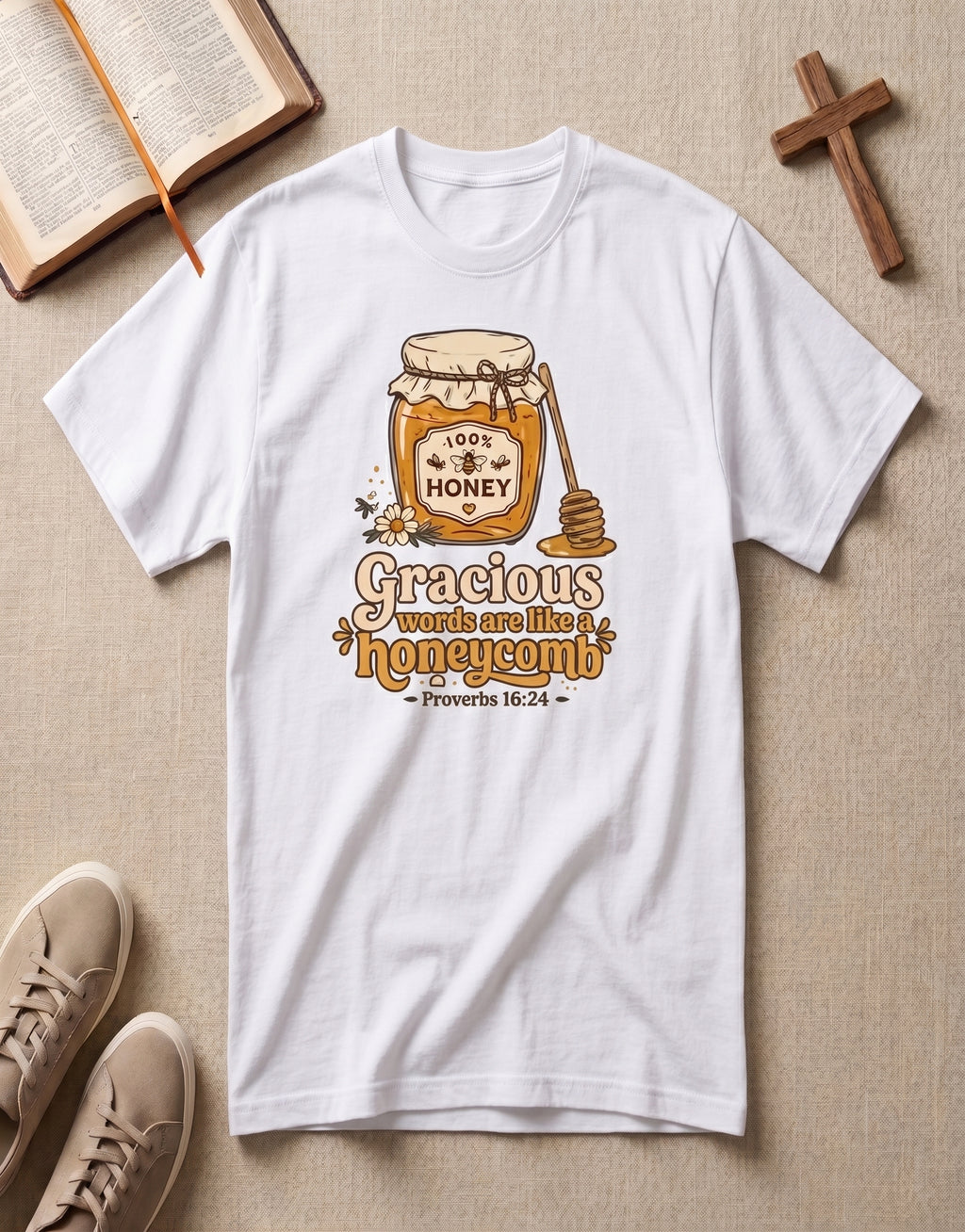 Honey Jar T-Shirt — "Gracious words are like a honeycomb" Cozy Floral Tee
