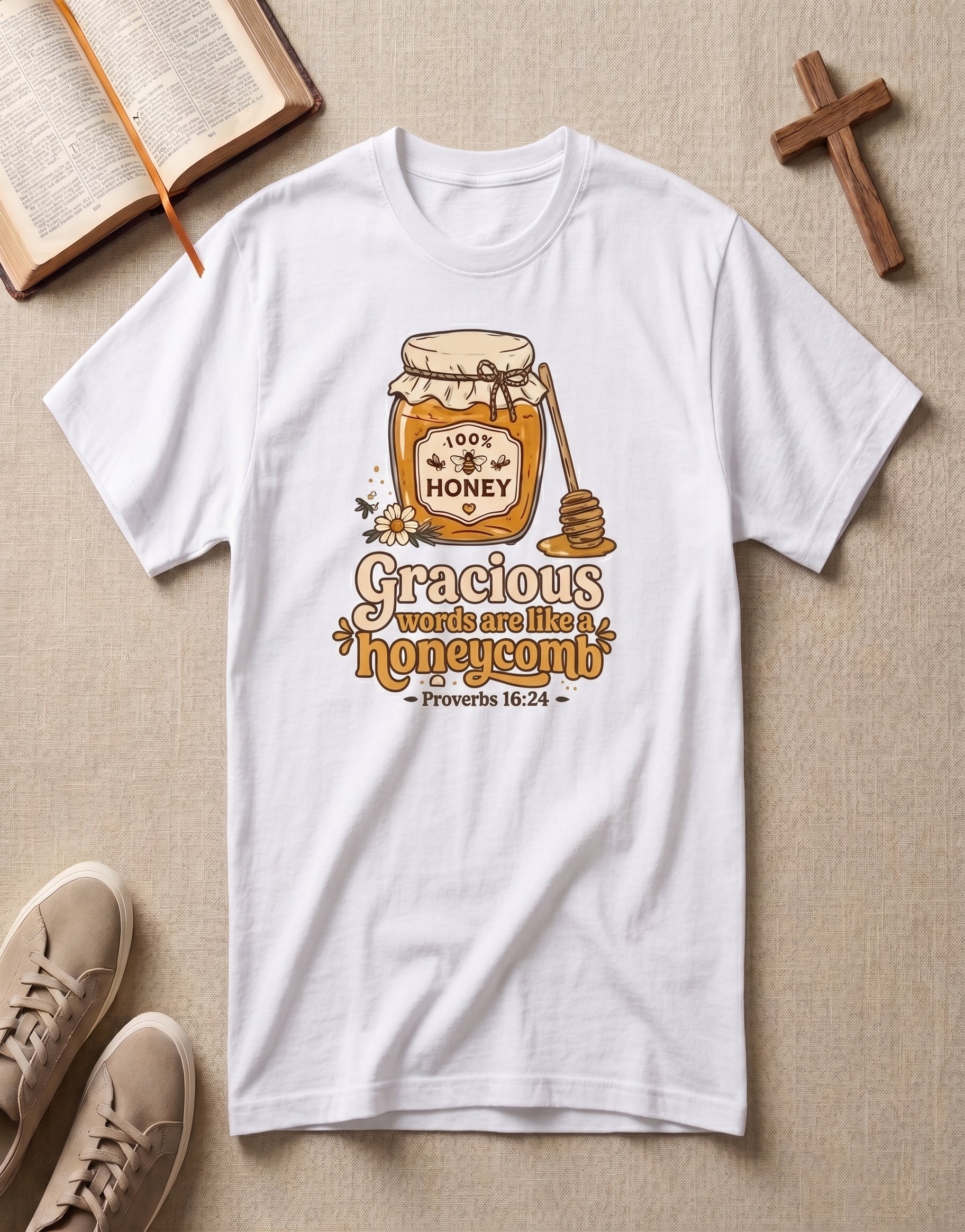 Honey Jar T-Shirt — "Gracious words are like a honeycomb" Cozy Floral Tee