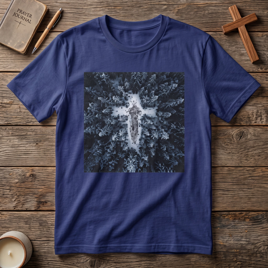 Cross in Snow Aerial Print T-Shirt — Minimalist Winter Graphic Tee