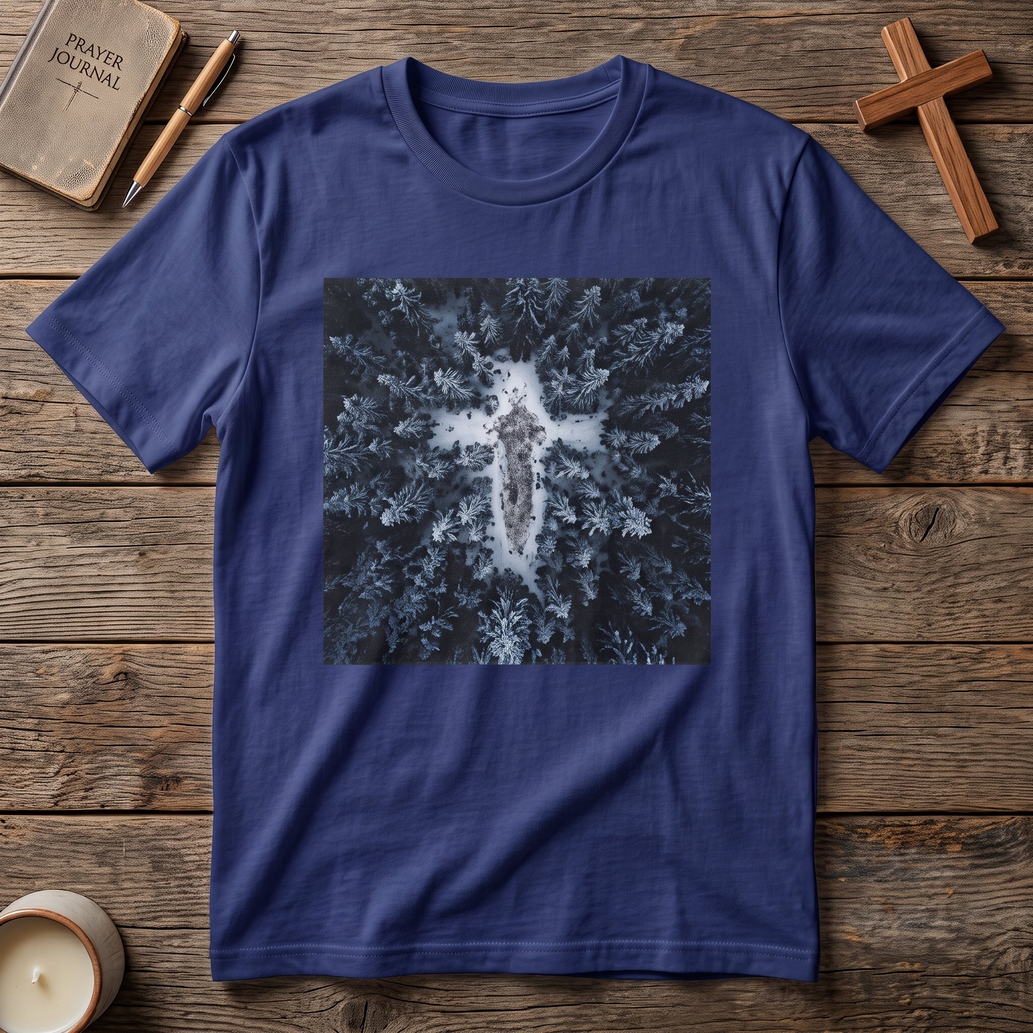 Cross in Snow Aerial Print T-Shirt — Minimalist Winter Graphic Tee