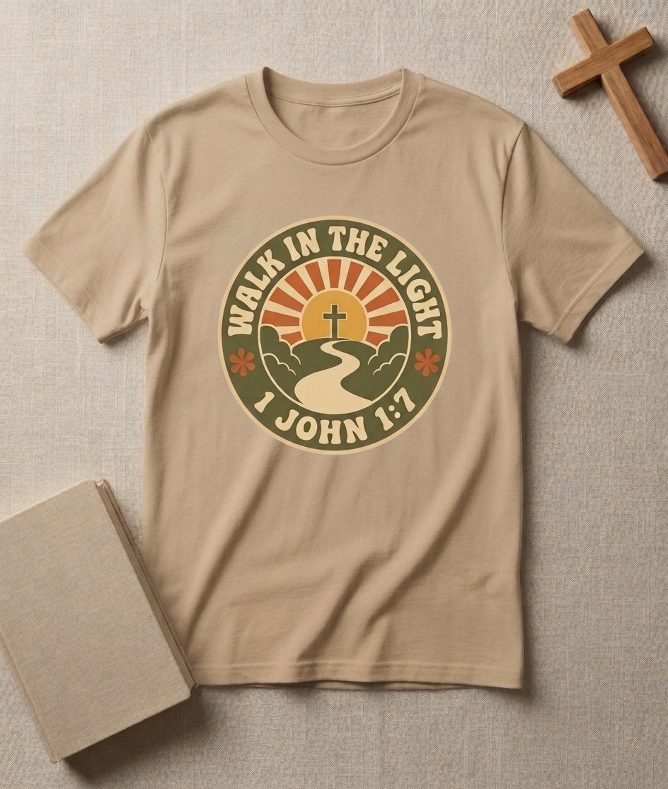 Walk in the Light T-Shirt — Christian Sunrise Design (1 John 1:7)