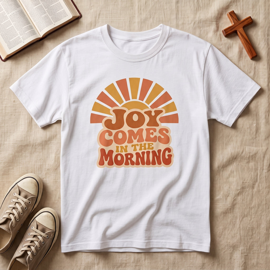 Joy Comes in the Morning T-Shirt — Retro Sunrise Graphic Tee