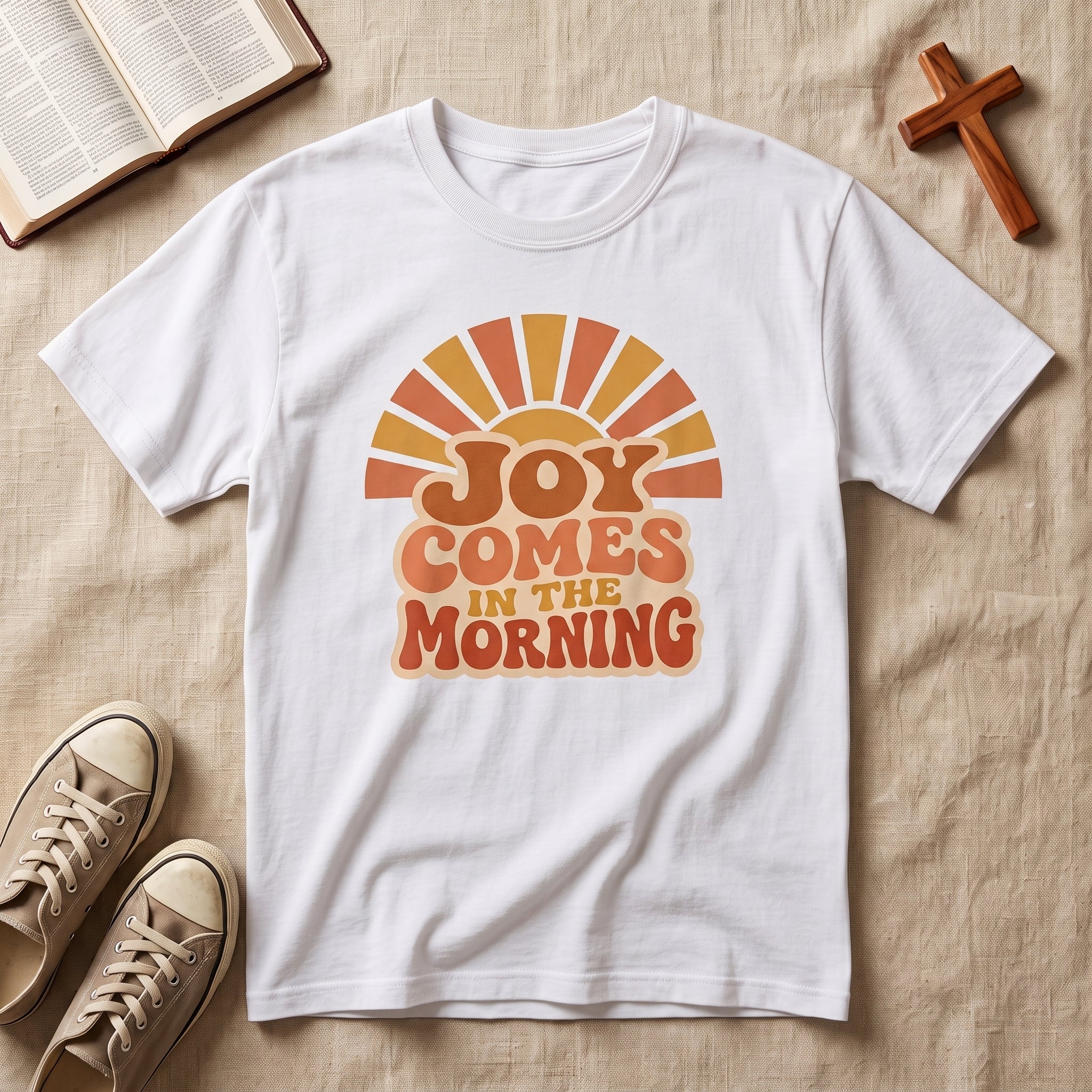 Joy Comes in the Morning T-Shirt — Retro Sunrise Graphic Tee
